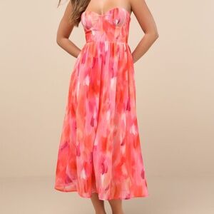 Lulus Aysel Coral Pink Abstract Strapless Bustier Midi Dress - Size S
